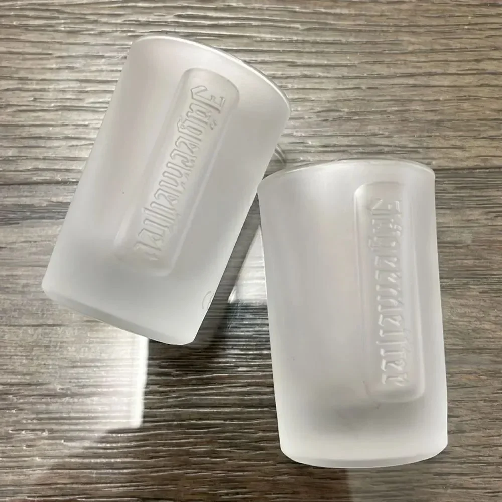 Pair of Embossed Jagermeister Frosted Glass 1 fl. oz Shot Glasses Barware Bar